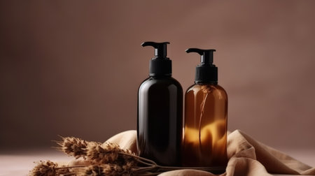 Two bottles of cosmetic products with wheat ears on brown background, copy space. generative aiの素材