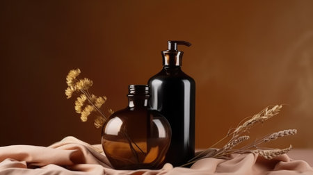set of cosmetic bottles on brown background, beauty treatment and spa concept. generative aiの素材