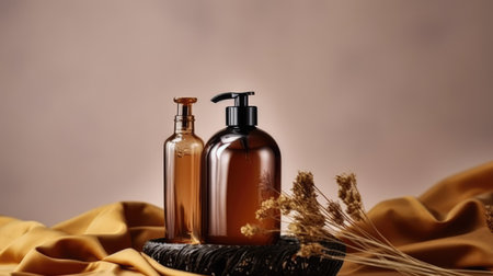 Organic cosmetic products with wheat on a brown background. Copy space. generative aiの素材
