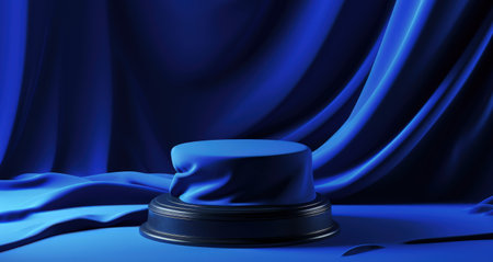 Blue velvet background with podium and drapery. generative aiの素材