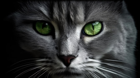 Portrait of a cat with green eyes on a black background. generative aiの素材