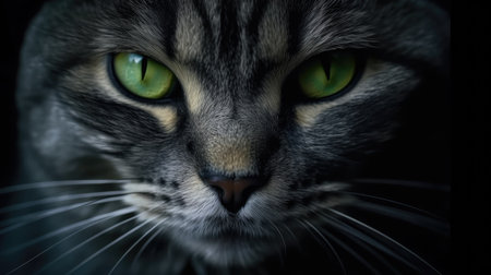 Portrait of a cat with green eyes on a black background. generative aiの素材