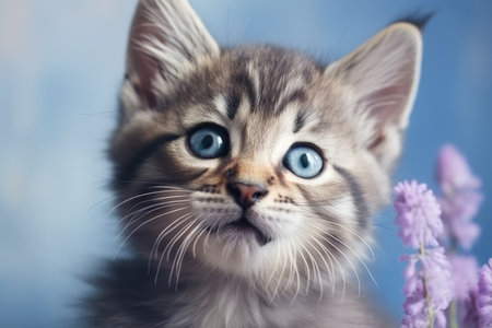 Siberian kitten with blue eyes and purple flowers on blue background. generative aiの素材