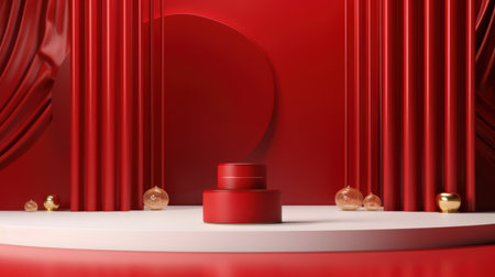 podium for product presentation with red curtains background. generative aiの素材