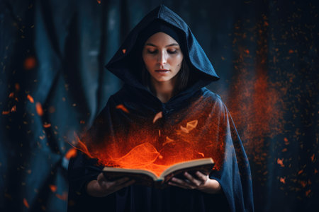 Young woman in death costume reading a book in the dark forest with fire. generative aiの素材