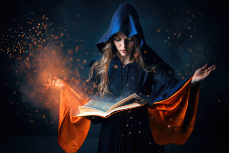 Young woman in halloween costume reading magic book on black background. generative aiの素材