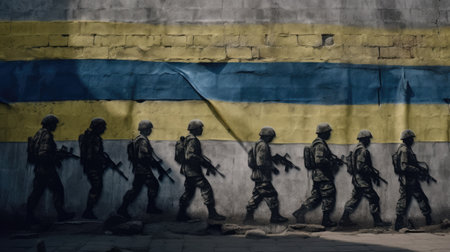 Soldiers in the background of the flag of Gabon painted on the wall. generative aiの素材