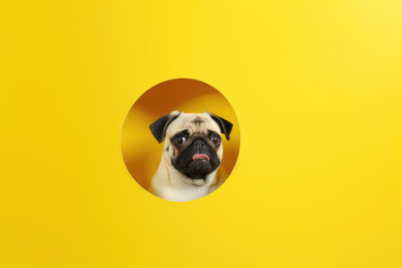 Cute pug dog peeking through hole in yellow paper background. generative aiの素材