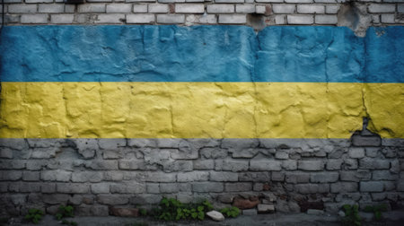 National flag of Ukraine on an old brick wall background. Flag banner on brick wall background. generative aiの素材