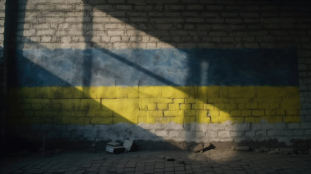 Ukraine flag on a wall with a window. generative aiの素材