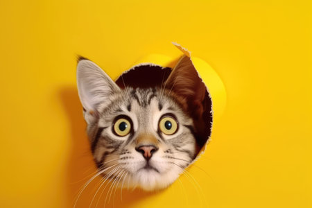 Cute tabby kitten peeking out of hole in yellow background. generative aiの素材