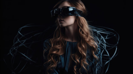 beautiful young woman in futuristic glasses looking at camera isolated on black. generative aiの素材