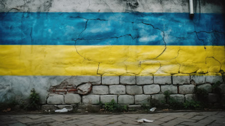 National flag of Ukraine on the background of an old brick wall. The concept of national pride and symbol of the country. generative aiの素材