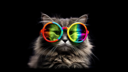 Close up of cat wearing colorful sunglasses on black background with copy space. generative aiの素材