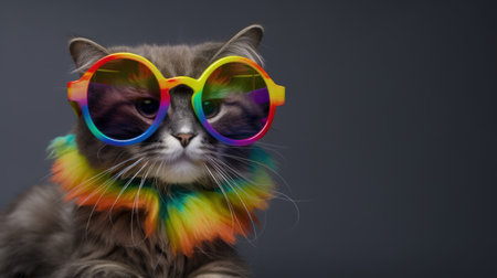 Funny cat wearing colorful sunglasses on grey background with copy space. generative aiの素材