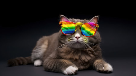 Studio shot of a cat wearing sunglasses against a black background with copy space. generative aiの素材