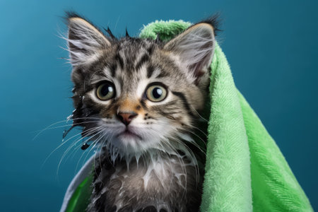 Cute Maine Coon kitten with green towel on blue background. generative aiの素材