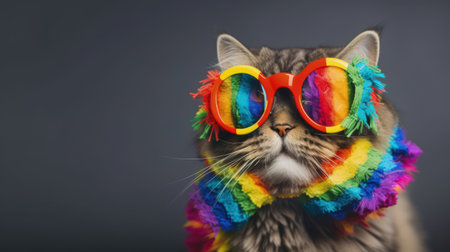 Funny cat with sunglasses and rainbow pompon on a dark background. generative aiの素材