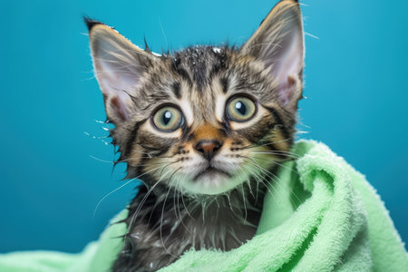 Cute tabby maine coon kitten with green towel on blue background. generative aiの素材