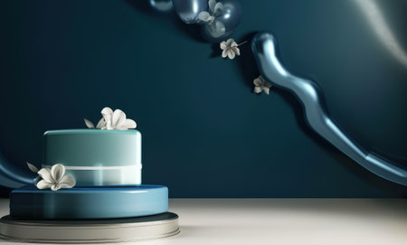 Blue podium for product presentation with flowers in the foreground. generative aiの素材