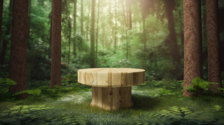 Wooden table in the forest. 3d illustration. generative aiの素材
