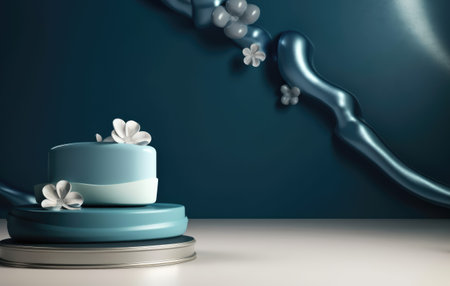 Blue podium for product presentation with flowers. generative ai.の素材