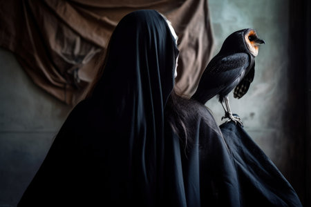 Young woman in black robe with owl in her hands. Halloween concept. generative aiの素材