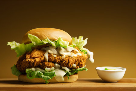 chicken burger with mayonnaise and lettuce on wooden table. generative aiの素材