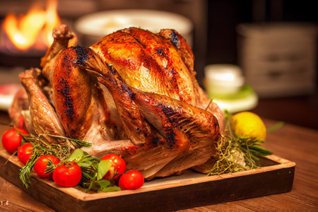 roasted turkey with rosemary and thyme on a wooden tray. generative aiの素材