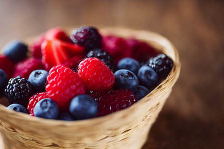 Fresh berries in a wicker basket on a wooden background. Selective focus. generative aiの素材