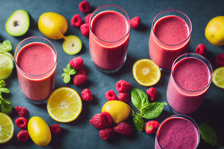 Healthy smoothies with raspberry, lemon and mint on dark background. generative aiの素材