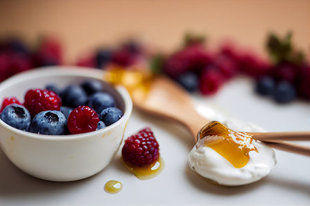 Healthy breakfast with yogurt, berries and honey. Selective focus. generative aiの素材