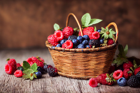 Fresh berries in a wicker basket on a wooden background. Selective focus. generative aiの素材