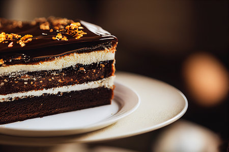 Piece of chocolate cake on a white plate. Selective focus. generative aiの素材