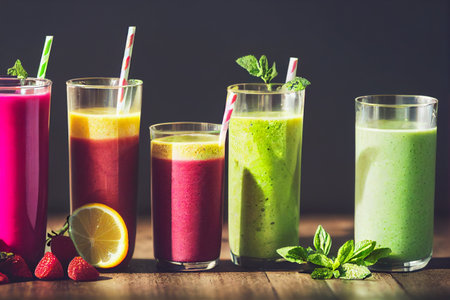 Smoothies with strawberry, banana and mint in glasses on wooden table. generative aiの素材