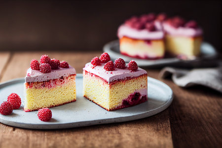 Cheesecake with raspberries on a rustic wooden background. generative aiの素材