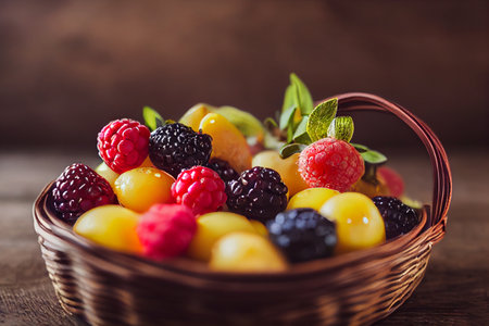 Assorted fresh berries in a wicker basket on a wooden background. generative aiの素材
