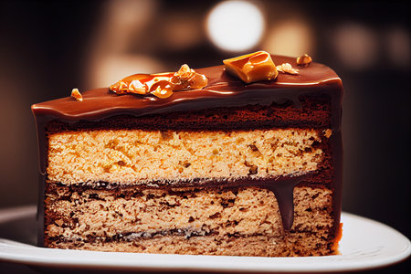Chocolate cake with caramel and nuts. Shallow dof. generative aiの素材