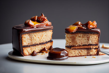 Piece of cake with chocolate glaze and caramel on a white plate. generative aiの素材