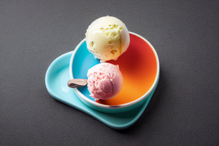 ice cream scoops in colorful bowl on black background with copy space. generative aiの素材
