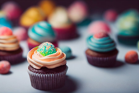 Colorful cupcakes on a blue background. Selective focus. generative aiの素材