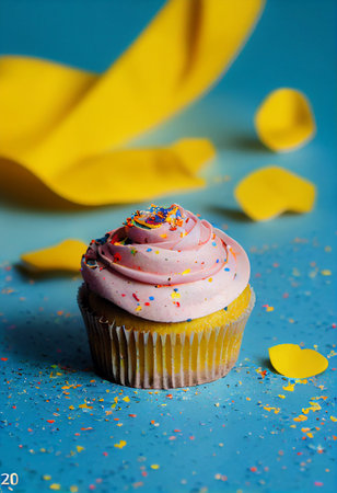 Cupcake on a blue background with confetti and yellow ribbon. generative aiの素材
