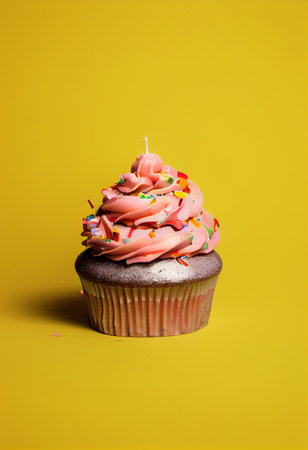 Cupcake with pink frosting and candle on a yellow background. generative aiの素材