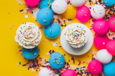 Cupcakes decorated with whipped cream and colorful sprinkles on yellow background. generative aiの素材