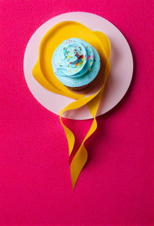 Cupcake with blue cream and yellow ribbon on a pink background. generative aiの素材