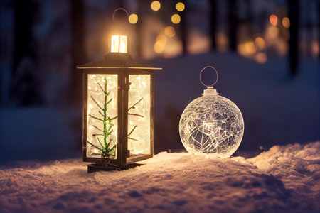 Christmas lantern in the snow at night. Festive decoration. Copy space. generative aiの素材