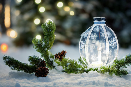Christmas and New Year holidays background with Christmas tree, lantern and cones on snow. generative aiの素材