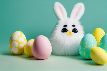 Easter bunny and colorful eggs on green background. Happy Easter concept. generative aiの素材