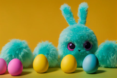 Easter bunny and colorful eggs on yellow background. Happy Easter concept. generative aiの素材