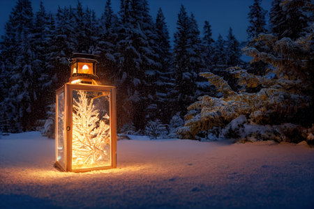 Lantern in the winter forest. Christmas and New Year concept. generative aiの素材